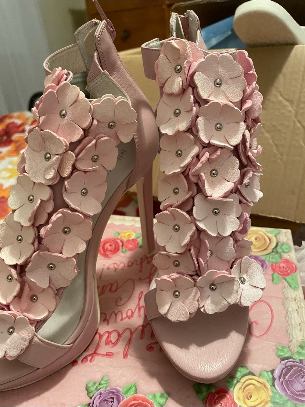 Jeffrey Campbell Pink Floral Appliqué Stiletto Sandals